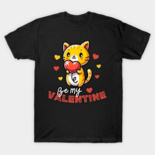 Cat be my valentine holding a heart balloon | Valentines day T-Shirt